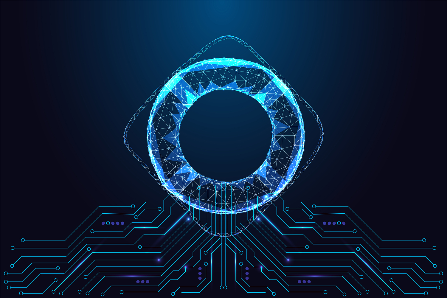 Stylised illustration of an AI governance system – a glowing wireframe iris connected to circuit traces.