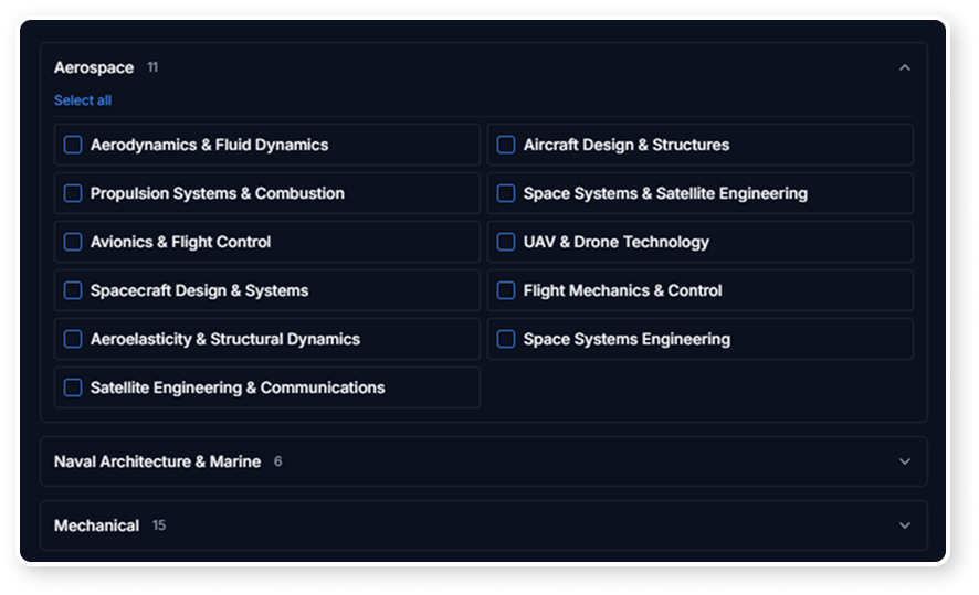 Discipline selection interface showing engineering research fields and disciplines.